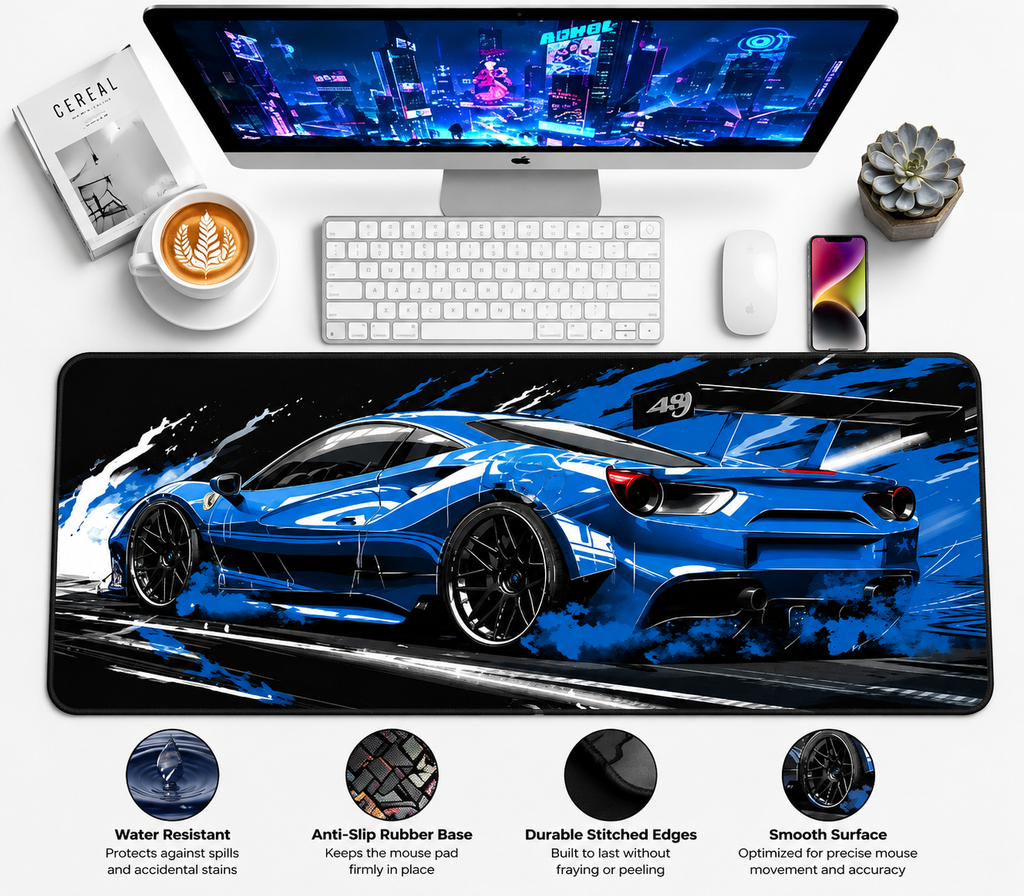 Blue Supercar Gaming Mouse Pad – Extended Desk Mat | 80 × 30 cm