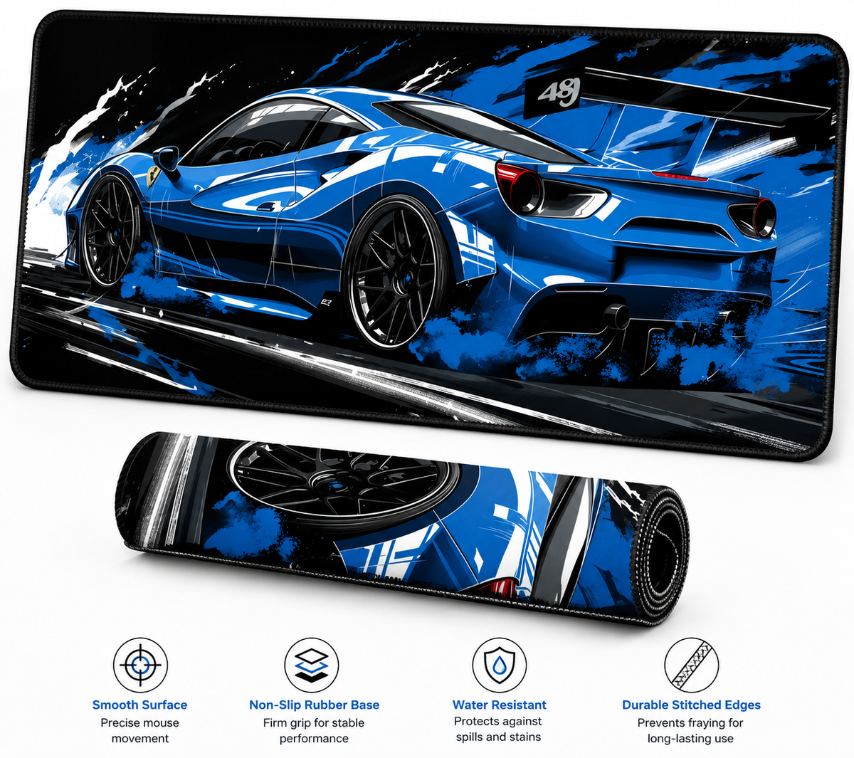 Blue Supercar Gaming Mouse Pad – Extended Desk Mat | 80 × 30 cm