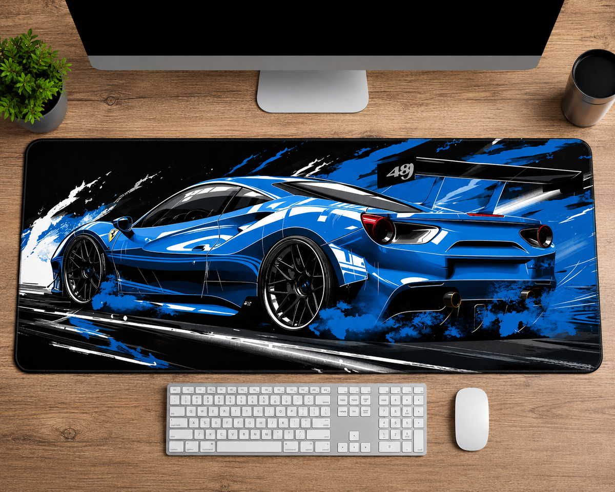 Blue Supercar Gaming Mouse Pad – Extended Desk Mat | 80 × 30 cm