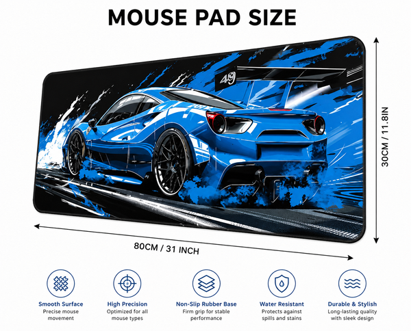 Blue Supercar Gaming Mouse Pad – Extended Desk Mat | 80 × 30 cm