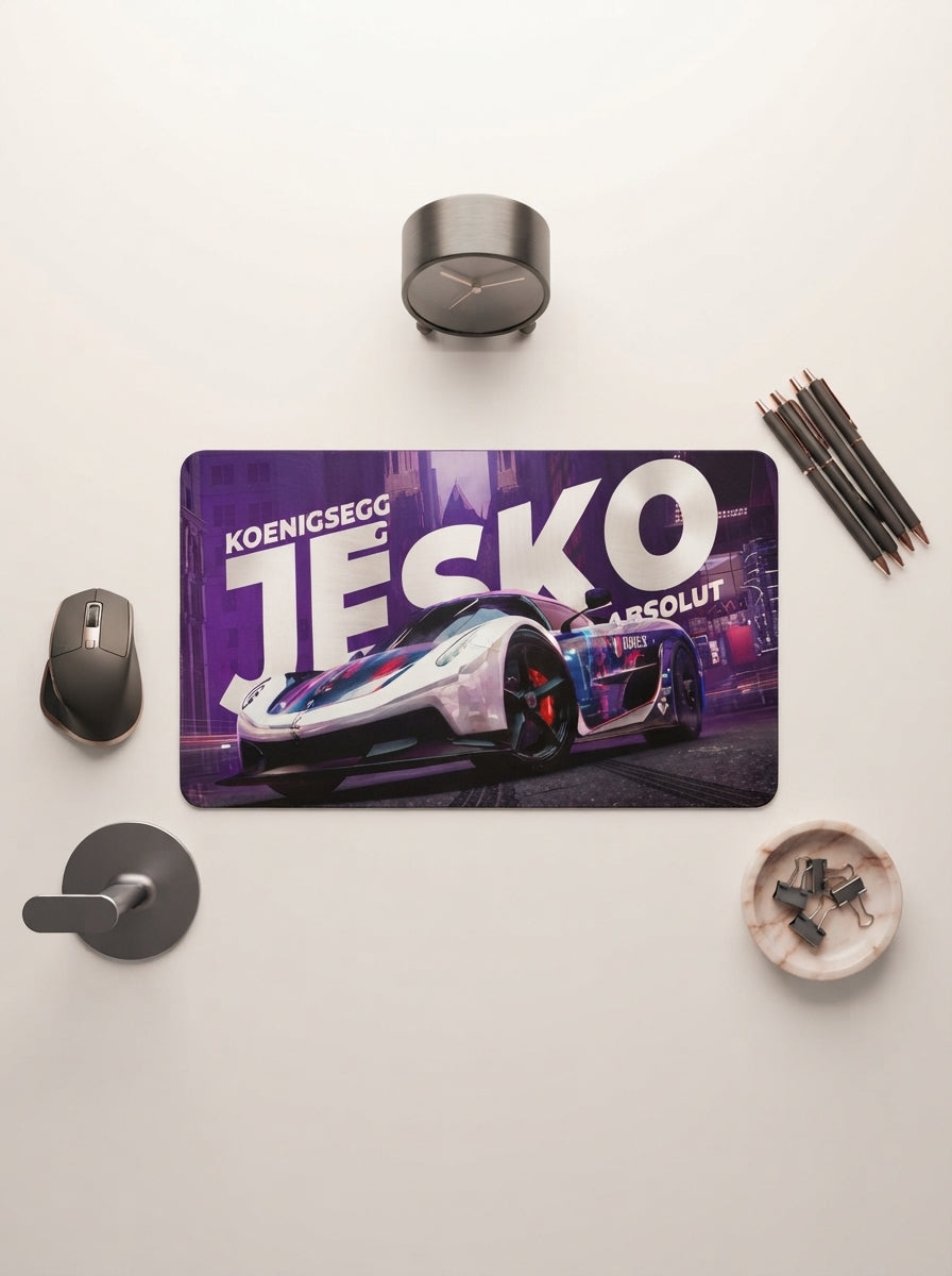 A premium Koenigsegg Jesko Absolut gaming mat with a neon cyberpunk city design laid out on a clean white desk with rose and 
